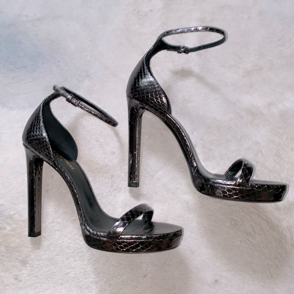 SAINT LAURENT PLATFORM PEWTER SNAKE HEELS 40
